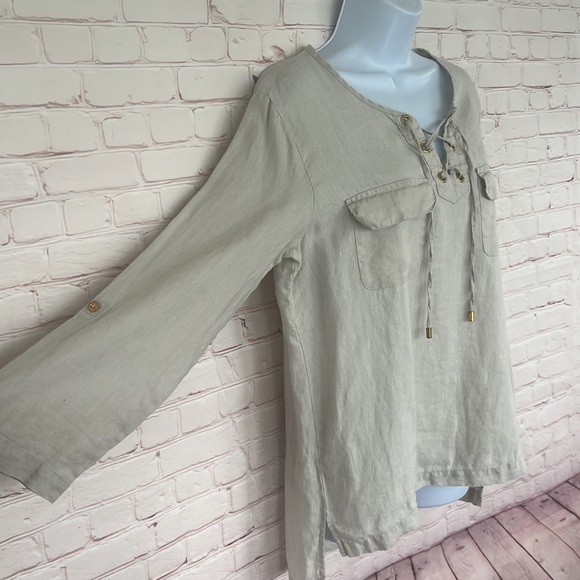 Ellen Tracy company linen tan long tab sleeve top size medium - Picture 4 of 12